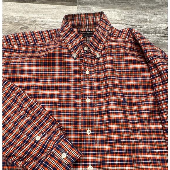 Ralph Lauren Blake Orange Blue Mens‎ XL Blue Pony Tartan Plaid Button Down Shirt - Picture 1 of 8